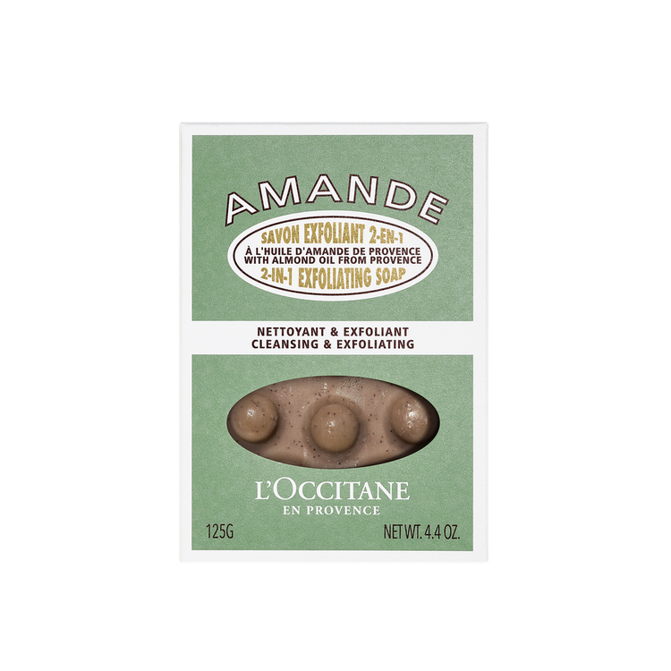 Jabón exfoliante 2 en 1, enriquecido con almendras de provenza