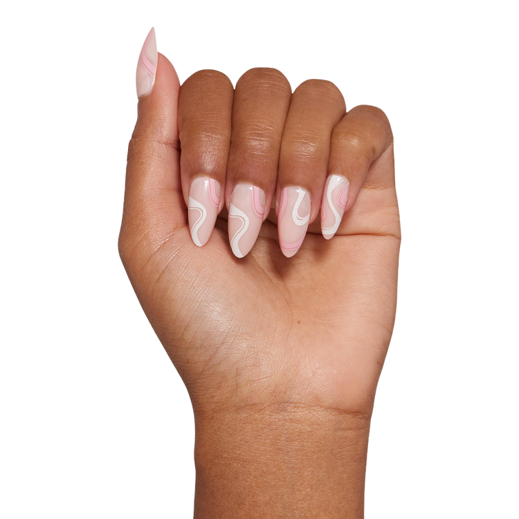 Pink Swirl Press-On Nails Uñas postizas forma almendrada mediana versátil.