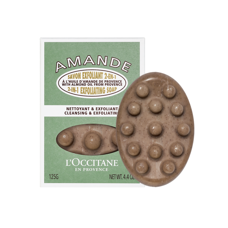 Jabón exfoliante 2 en 1, enriquecido con almendras de provenza