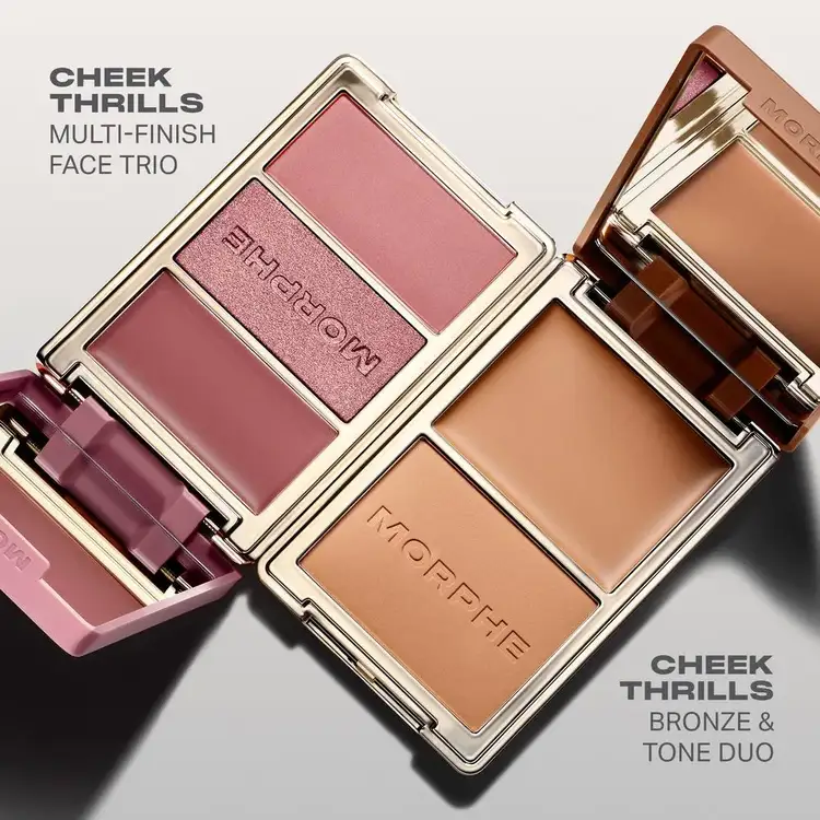 Cheek Thrills Multi-Finish Face Trios - Trío facial de múltiples acabados, una crema satinada, un bálsamo luminoso y un polvo aterciopelado