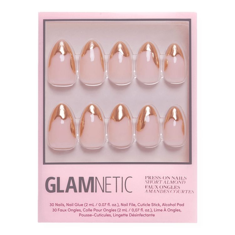 Golden Touch Press-On Nails Uñas postizas puntas doradas con detalles abstractos.