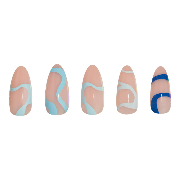 Wavy Blues Press-On Nails Uñas postizas forma almendrada mediana moderna.