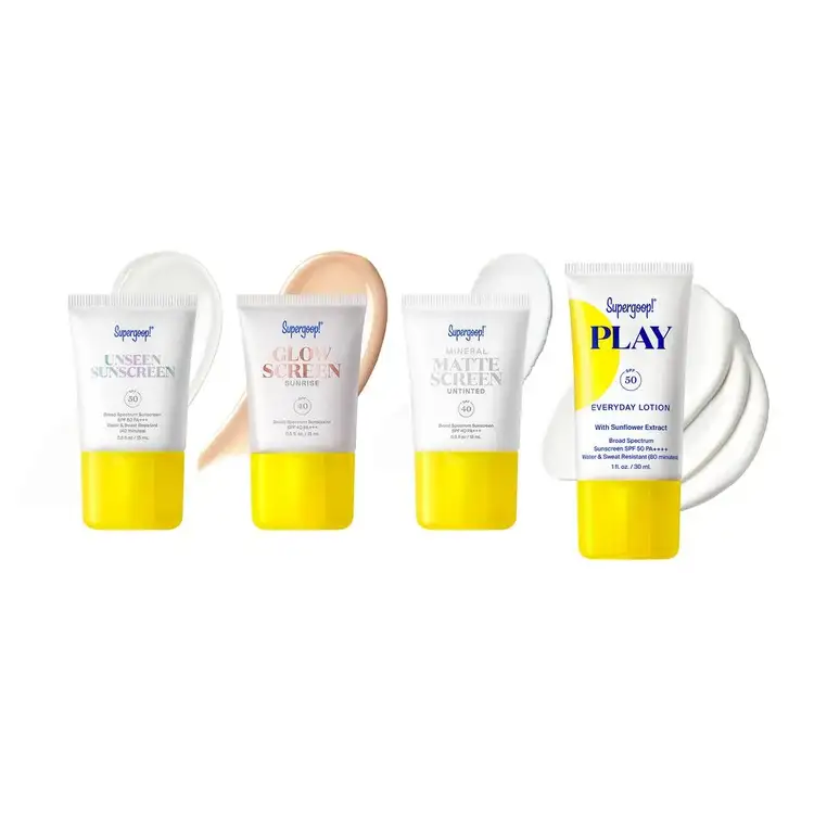 Supergoopies - Kit de protectores solares, Unseen Screen + Glow Screen + Matte Screen + Play