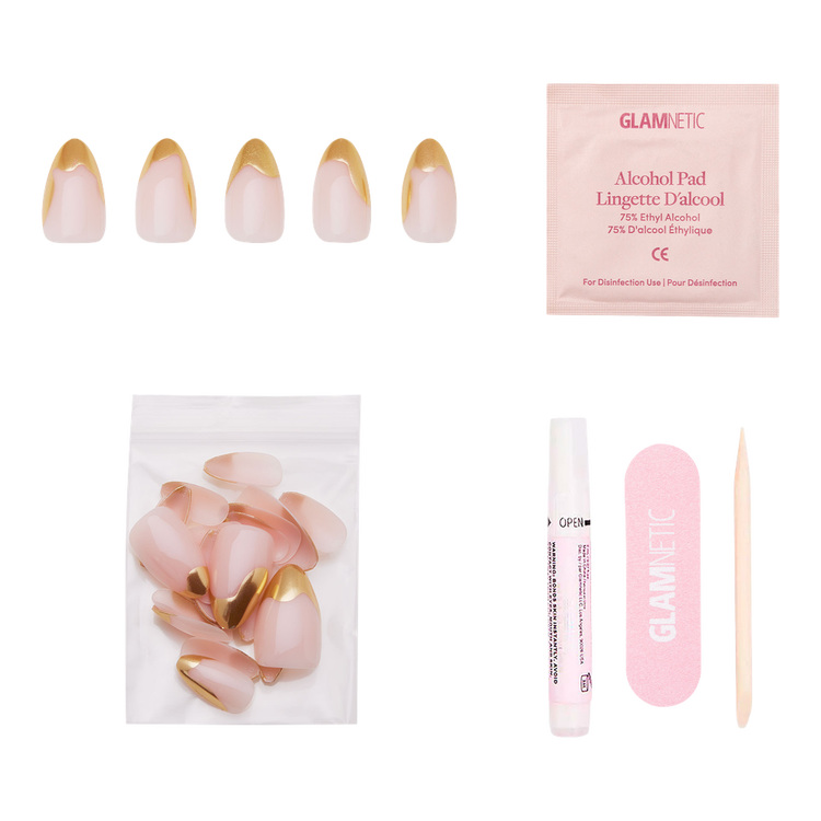 Golden Touch Press-On Nails Uñas postizas puntas doradas con detalles abstractos.