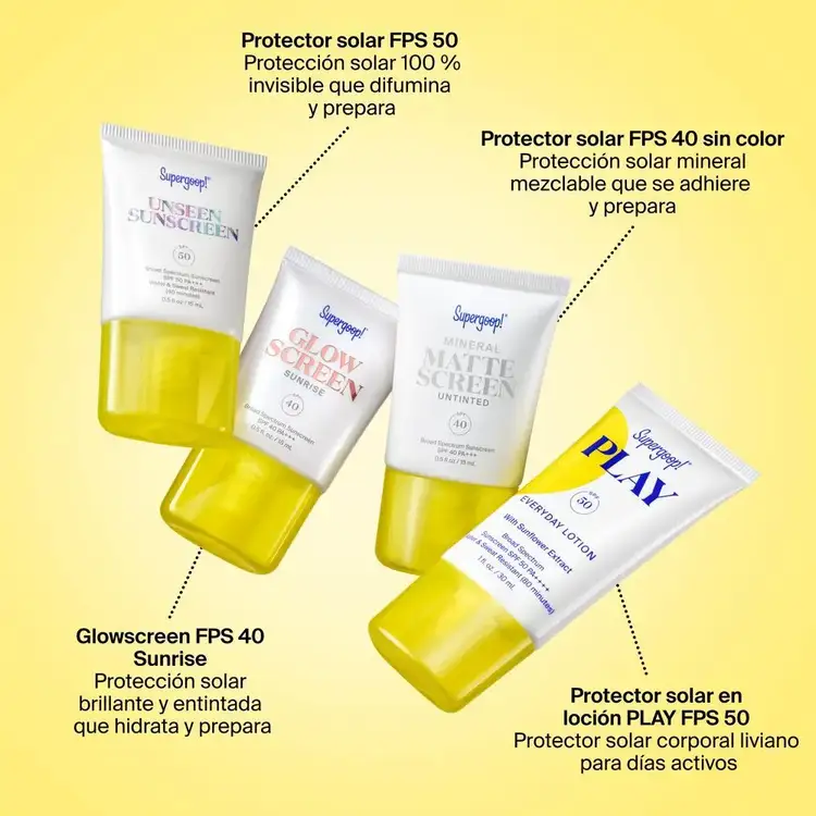 Supergoopies - Kit de protectores solares, Unseen Screen + Glow Screen + Matte Screen + Play