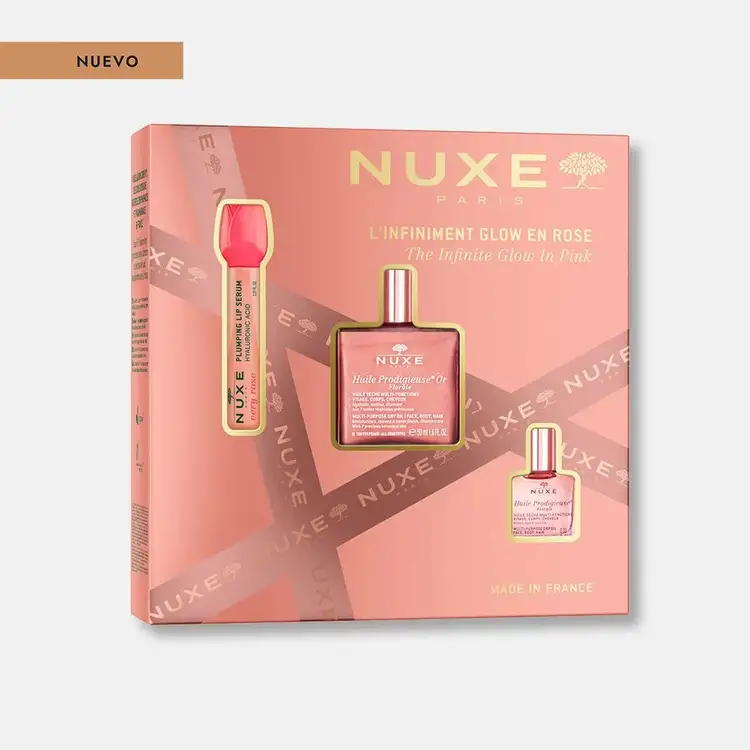 The Infinite Glow in Pink - Set de regalo, Suero labial con ácido hialurónico + aceite facial Huile Prodigieuse 50 ml + 10 ml