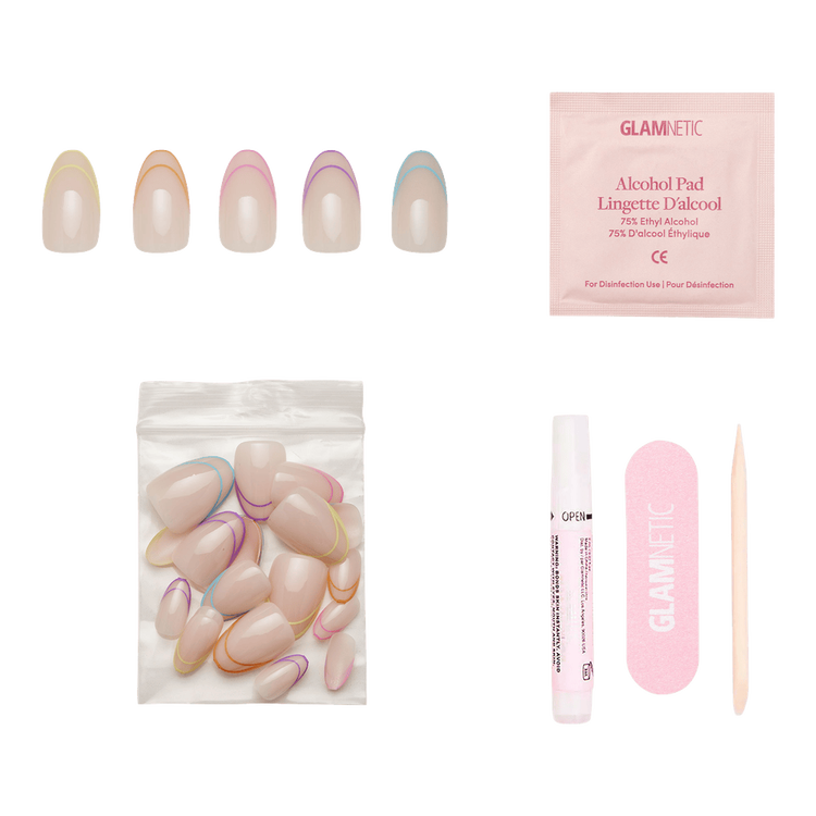 Neon Lights Press-On Nails Uñas postizas puntas francesas de neón multicolor.