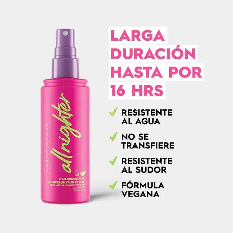 All Nighter Setting Spray - Hyaluronic Acid + Watermelon, Spray fijador de maquillaje con ácido hialurónico