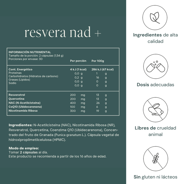 Resvera Nad + Suplemento alimenticio contribuye a energía celular, estrés oxidativo y sistema inmune