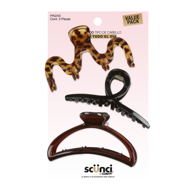 Scunci - Pinzas value pack matte en colores animal print, carey y negra