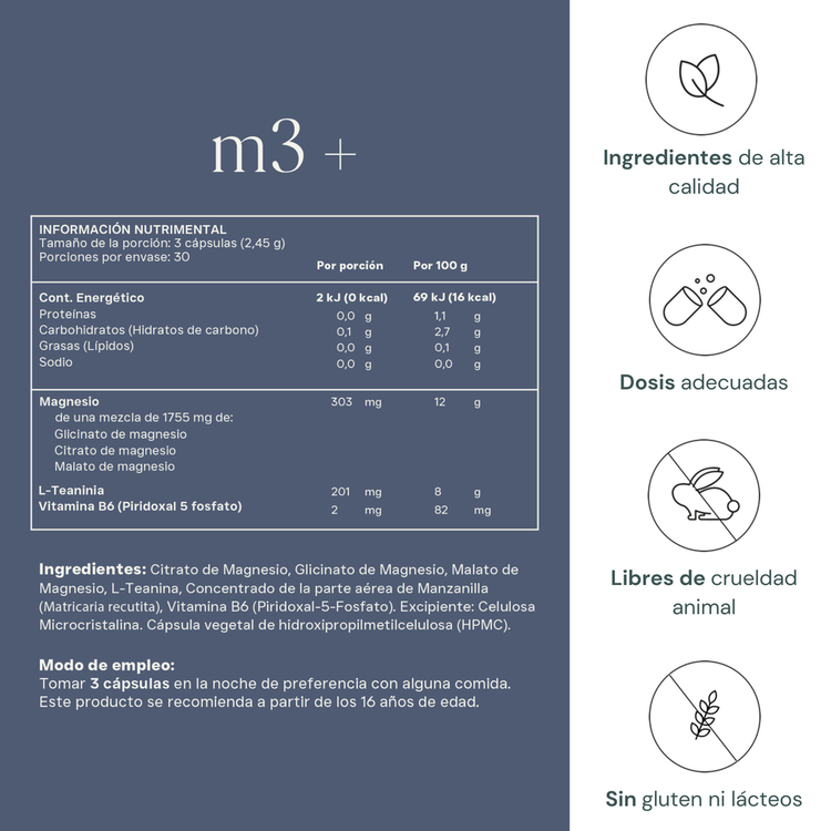 M3 + Suplemento alimenticio promueve un sueño reparador, reduce estrés y relajante muscular