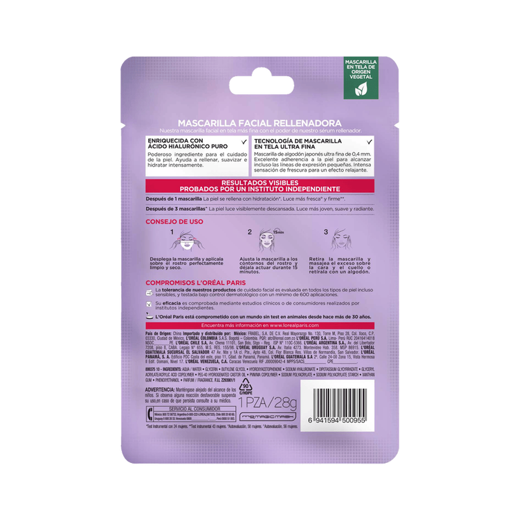 L'Oreal Paris Revitalift Acido Hialuronico Mascarilla 1P Crema facial reduce líneas de expresión