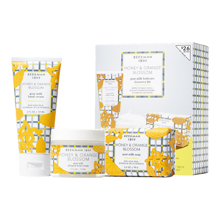 Honey & Orange Blossom - Kit de minis, crema de manos + jabón de leche de cabra + crema corporal