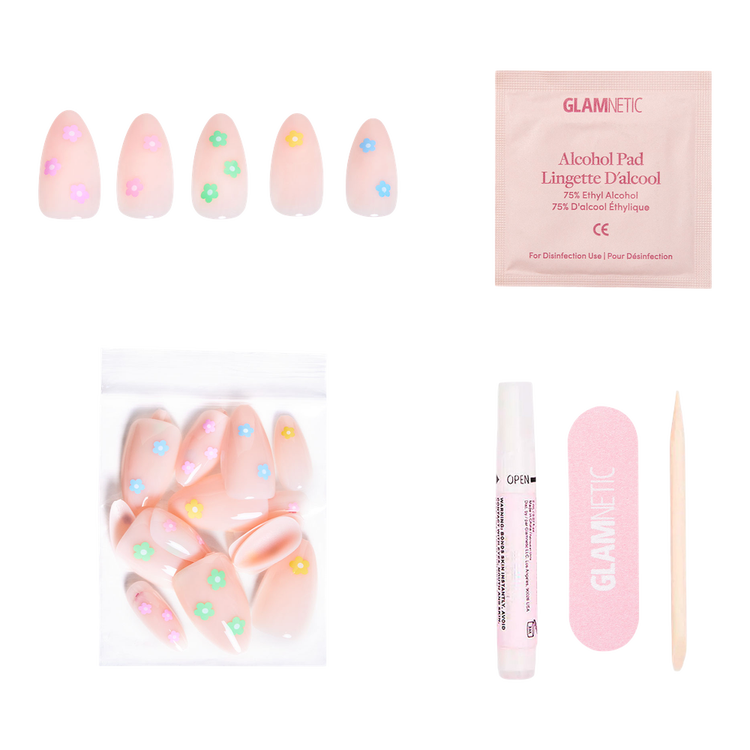 Full Bloom Press-On Nails Uñas postizas base semitransparente primaveral.