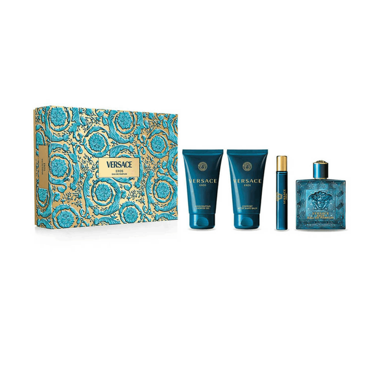 Eros - Set de regalo, Eau de Parfum 100 ml + Gel de ducha + Bálsamo de afeitado + Spray