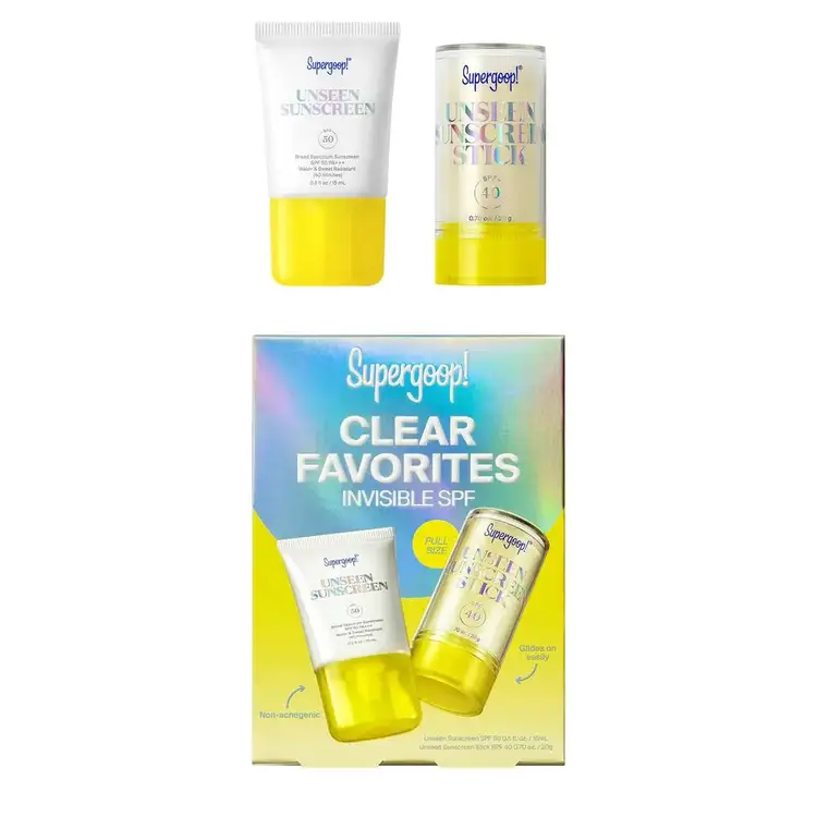 Clear Favorites Unseen - Kit de protectores solares, protector solar resistente al agua 15 ml + iluminador en barra 20g
