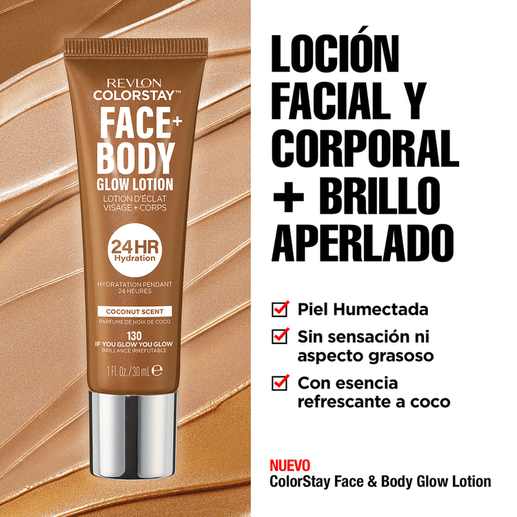ColorStay Face & Body Glow - Loción e iluminador corporal, con esencia refrescante de coco