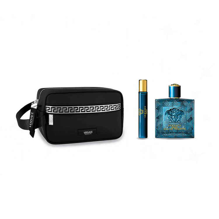Eros - Set de regalo, Eau De Toilette 100 ml + Travel Spray 10 ml + 1 Black Trousse