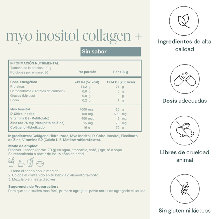 Myo inositol Collagen + Sin sabor Suplemento alimenticio apoya al balance hormonal, proteína diaria y apoyo metabólico