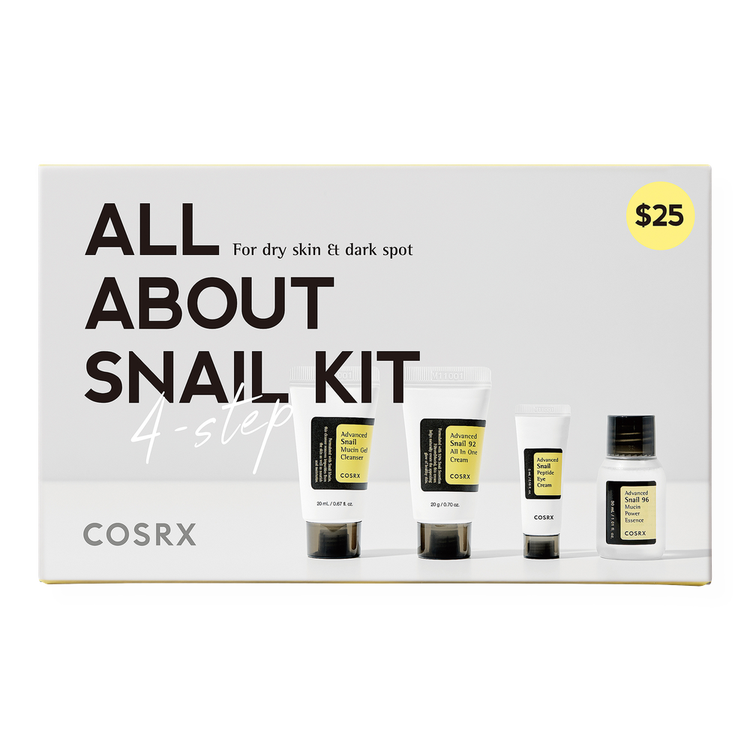 All About Snail - Set 4 en 1, Gel limpiador + Crema all in one + Crema de ojos con péptidos + Esencia con Mucina