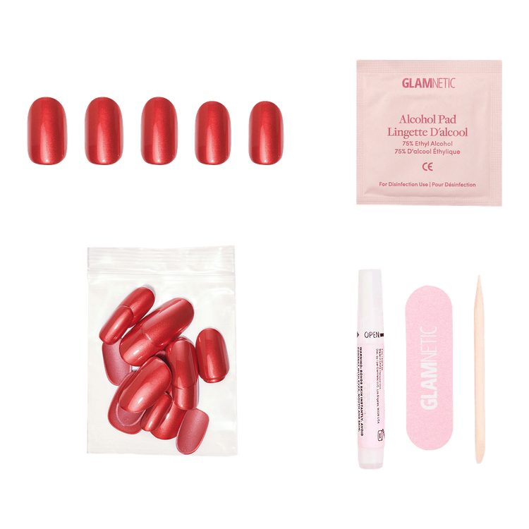 Cherry Glaze Press-On Nails Uñas postizas rojo cereza brillante y esmaltado.