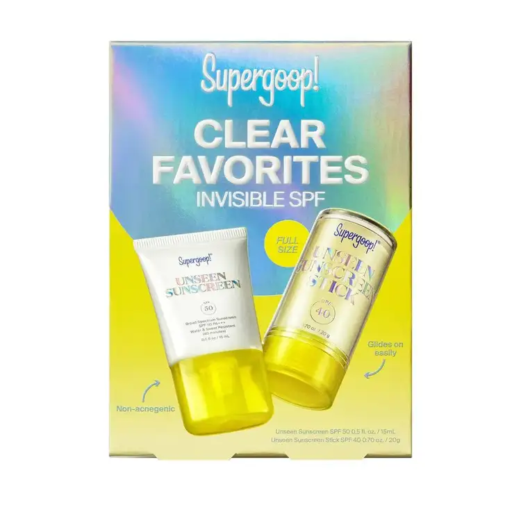 Clear Favorites Unseen - Kit de protectores solares, protector solar resistente al agua 15 ml + iluminador en barra 20g