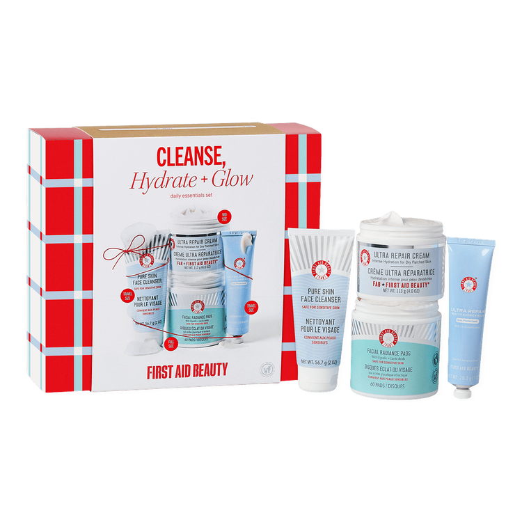 Cleanse hydrate + glow - Set de regalo, limpiador facial + bálsamo reparador + crema reparadora + pads faciales