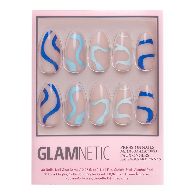 Wavy Blues Press-On Nails Uñas postizas forma almendrada mediana moderna.