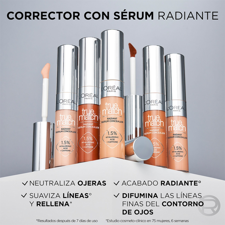 True Match Radiant Serum Concealer - Corrector líquido, con ácido hialurónico y cafeína