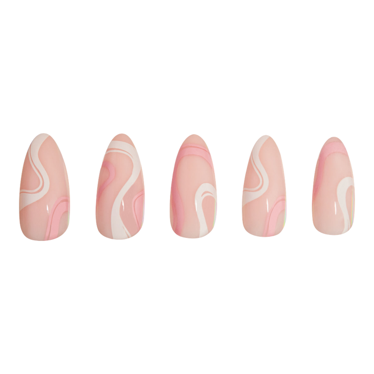 Pink Swirl Press-On Nails Uñas postizas forma almendrada mediana versátil.