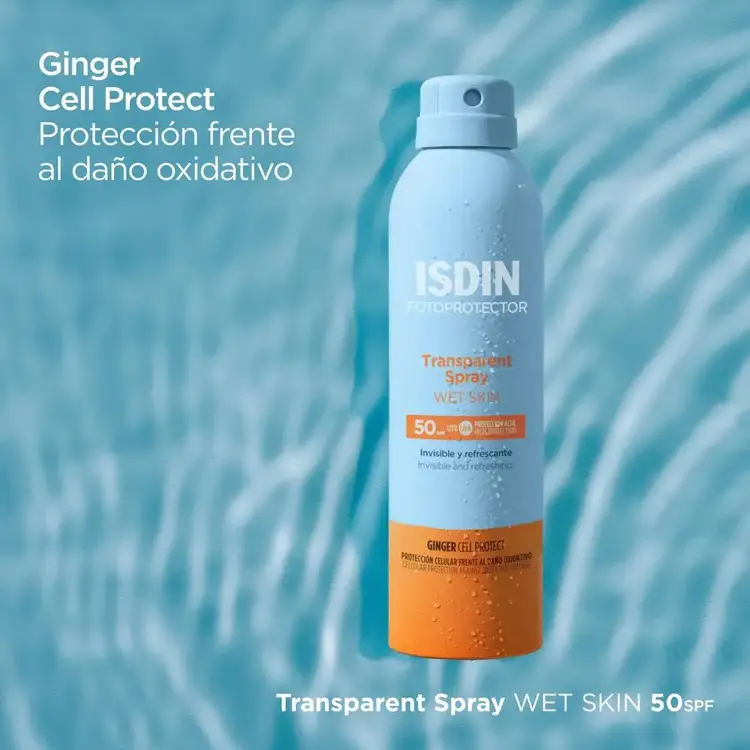Isdin Wet Skin - Protector solar corporal, en presentación de spray transparente