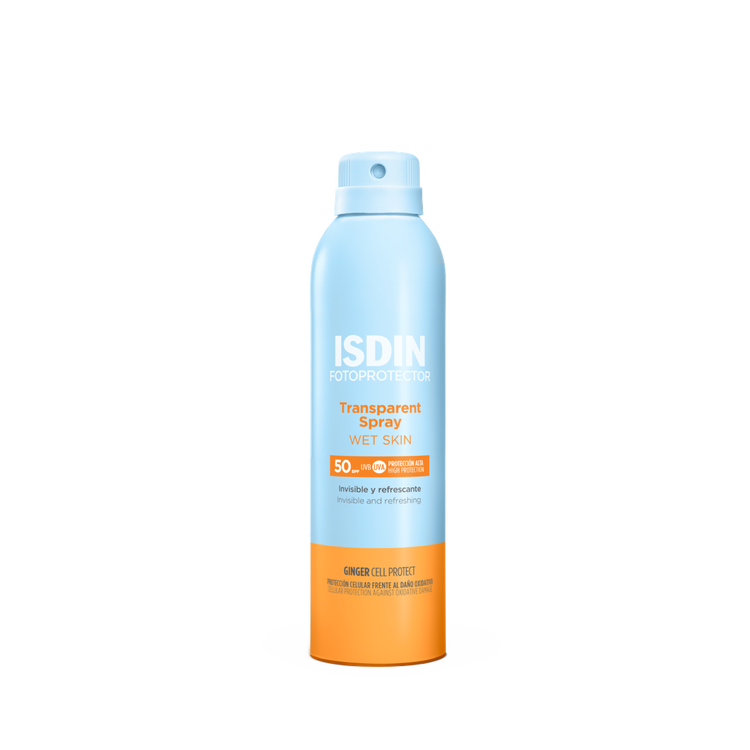 Isdin Wet Skin - Protector solar corporal, en presentación de spray transparente