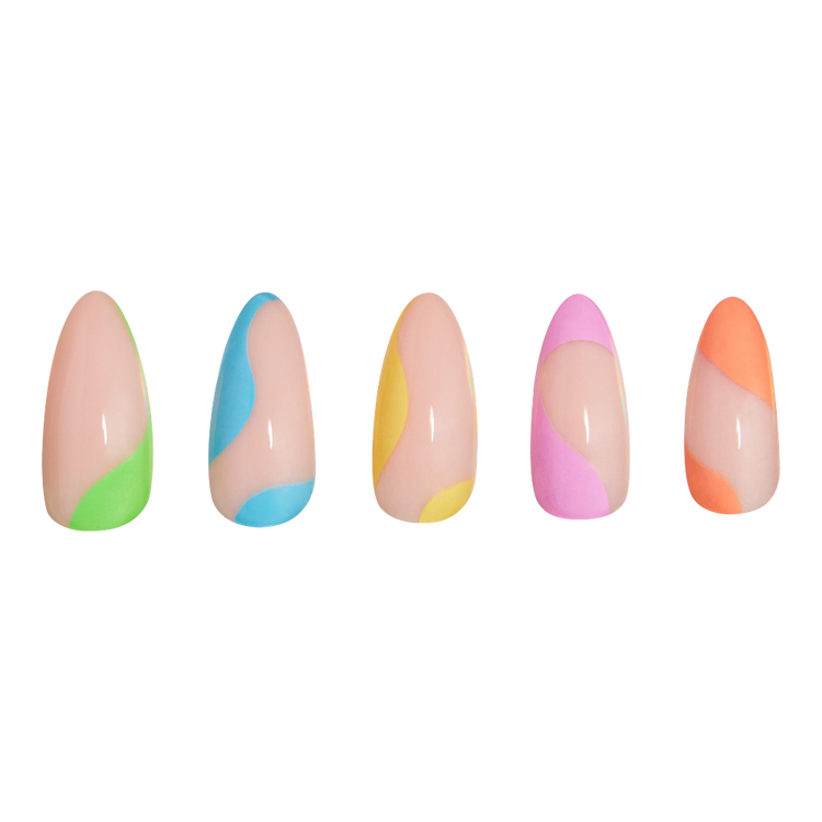 Rainbow Puff Press-On Nails Uñas postizas espirales multicolor sobre base rosa.