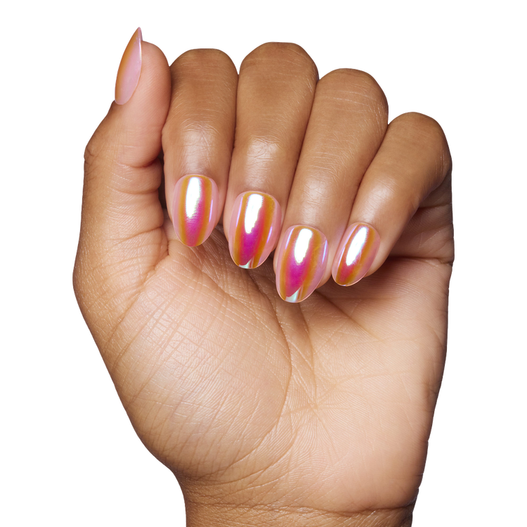 Prism Press-On Nails Uñas postizas rosa semitransparente holográfico.