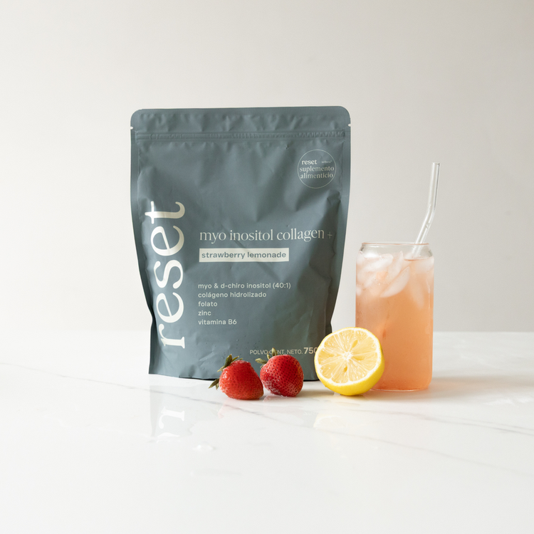 Myo inositol Collagen + Strawberry Lemonade Suplemento alimenticio diseñada para balance hormonal, proteína diaria y apoyo metabólico
