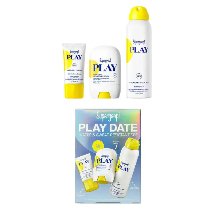 Play Date Pool & Sport - Kit de protectores solares, loción corporal + Protector en barra + Body Mist