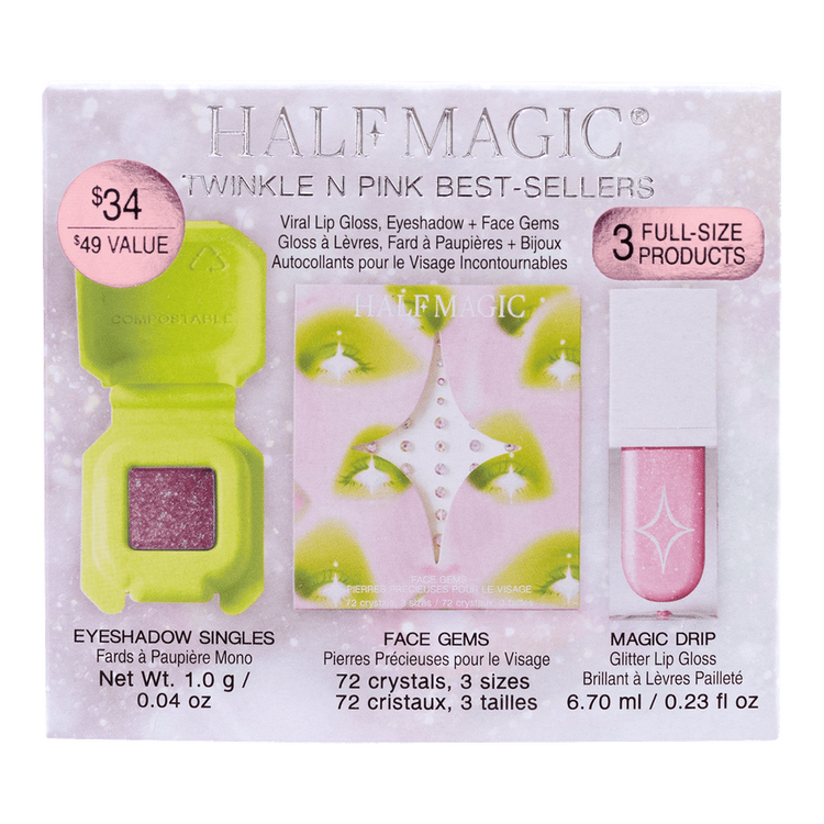 Twinkle N Pink - Set de regalo, sombra + gemas para cara + brillo labial con glitter