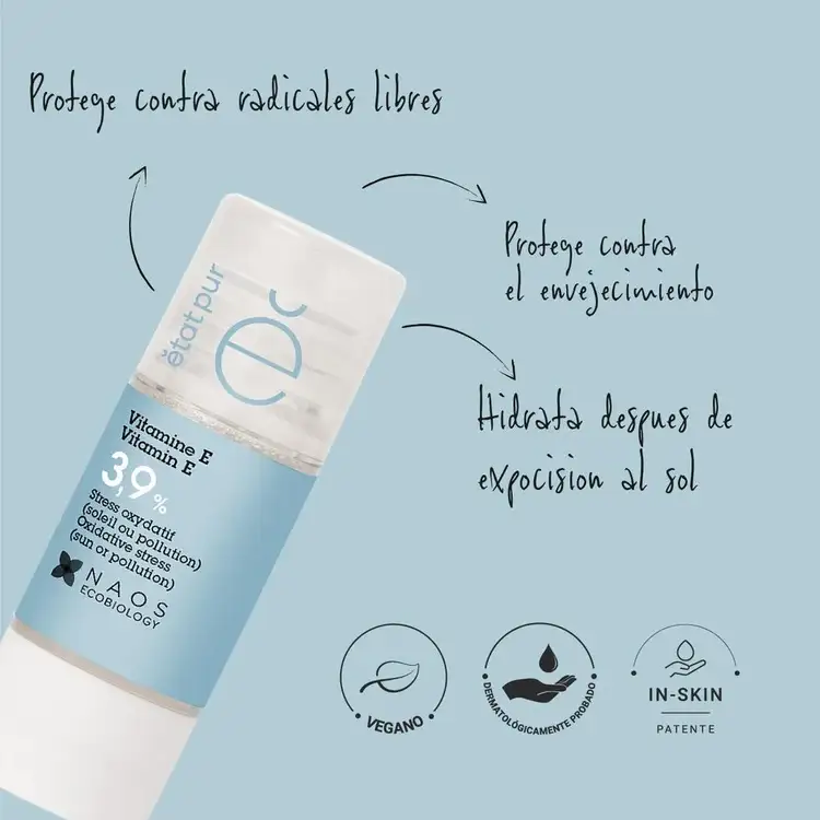 Vitamina E - Suero facial, activos puros antioxidantes que protegen la piel del daño causado por el sol