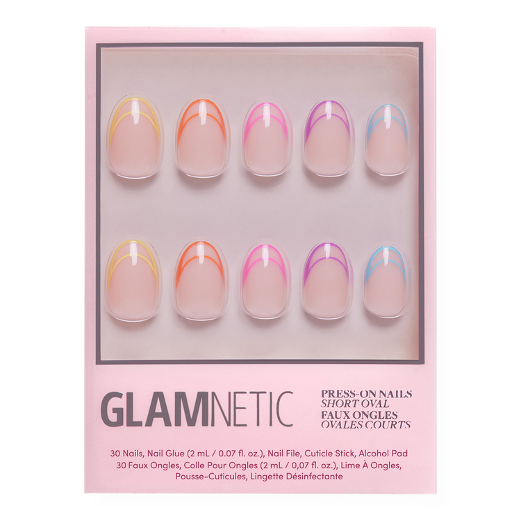 Neon Lights Press-On Nails Uñas postizas puntas francesas de neón multicolor.