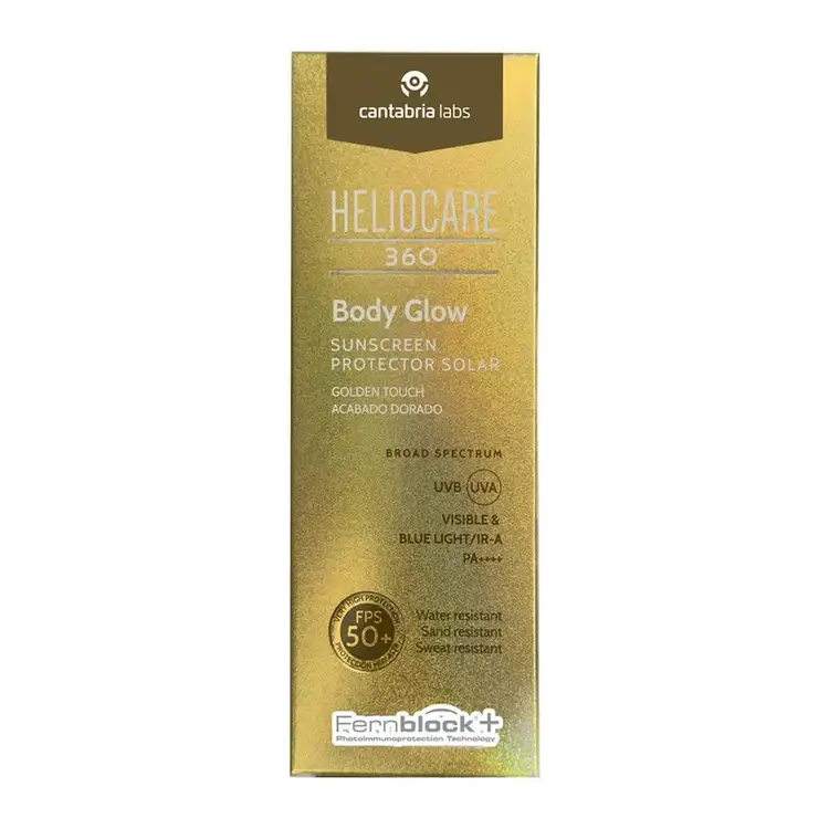 Body Glow SPF 50+ Protector solar con destellos luminosos y tono gold