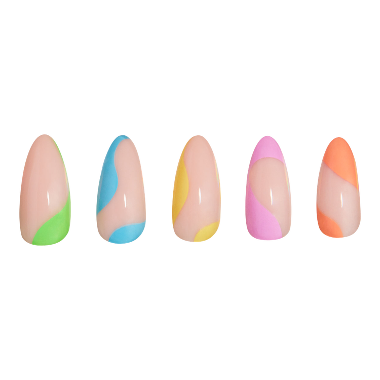 Rainbow Puff Press-On Nails Uñas postizas espirales multicolor sobre base rosa.