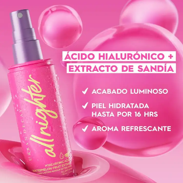 All Nighter Setting Spray - Hyaluronic Acid + Watermelon, Spray fijador de maquillaje con ácido hialurónico