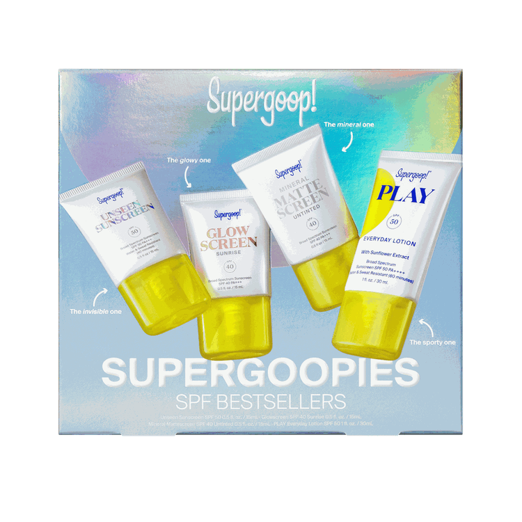 Supergoopies - Kit de protectores solares, Unseen Screen + Glow Screen + Matte Screen + Play