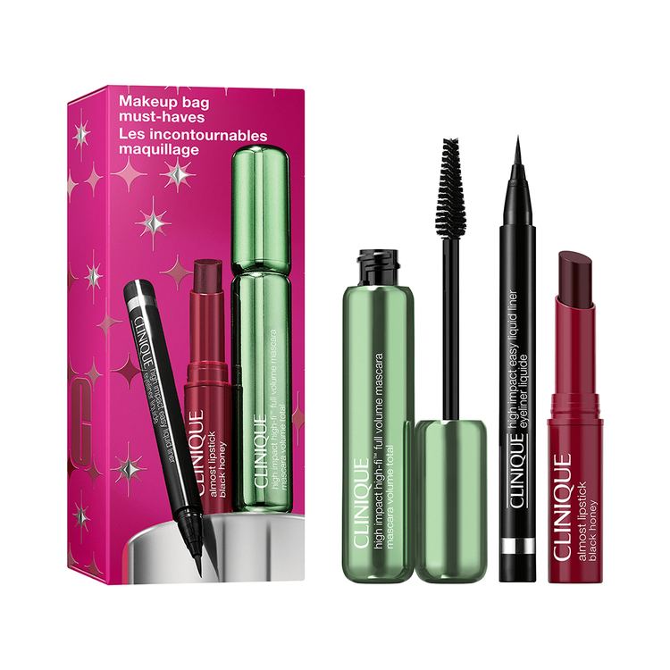 Makeup Bag Must Haves - Set con mascara, delineador y almost liptstick black honey