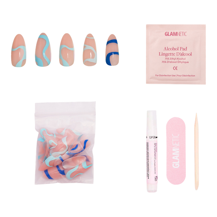 Wavy Blues Press-On Nails Uñas postizas forma almendrada mediana moderna.