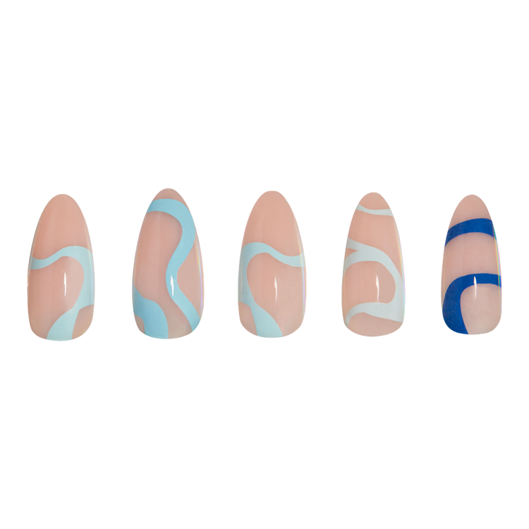 Wavy Blues Press-On Nails Uñas postizas forma almendrada mediana moderna.