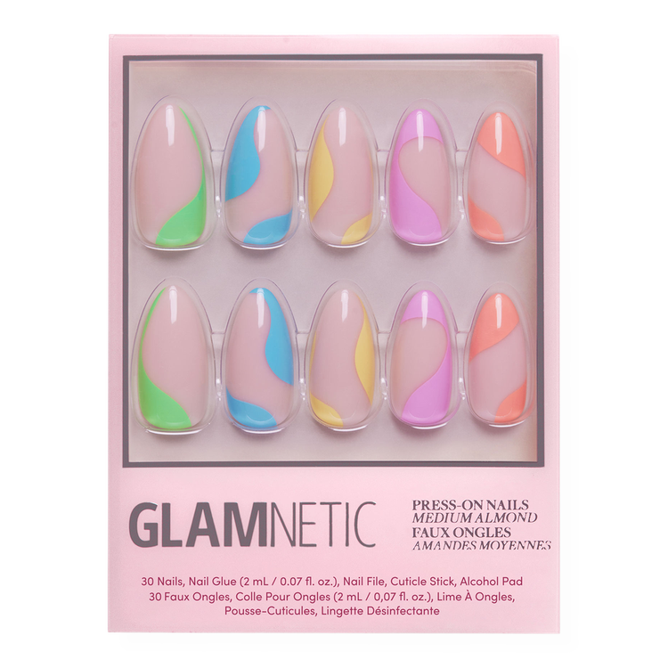 Rainbow Puff Press-On Nails Uñas postizas espirales multicolor sobre base rosa.