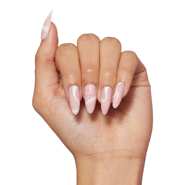Pink Swirl Press-On Nails Uñas postizas forma almendrada mediana versátil.