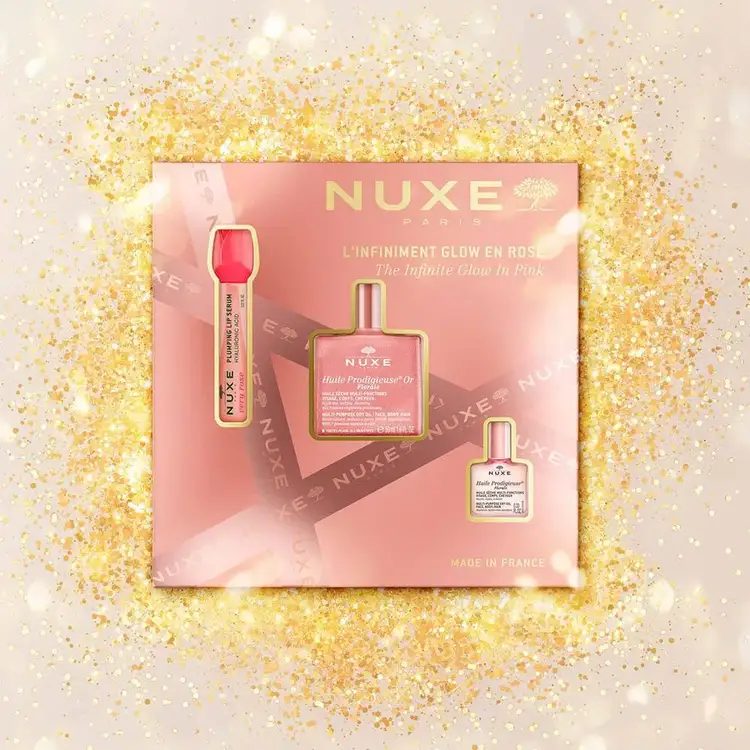 The Infinite Glow in Pink - Set de regalo, Suero labial con ácido hialurónico + aceite facial Huile Prodigieuse 50 ml + 10 ml