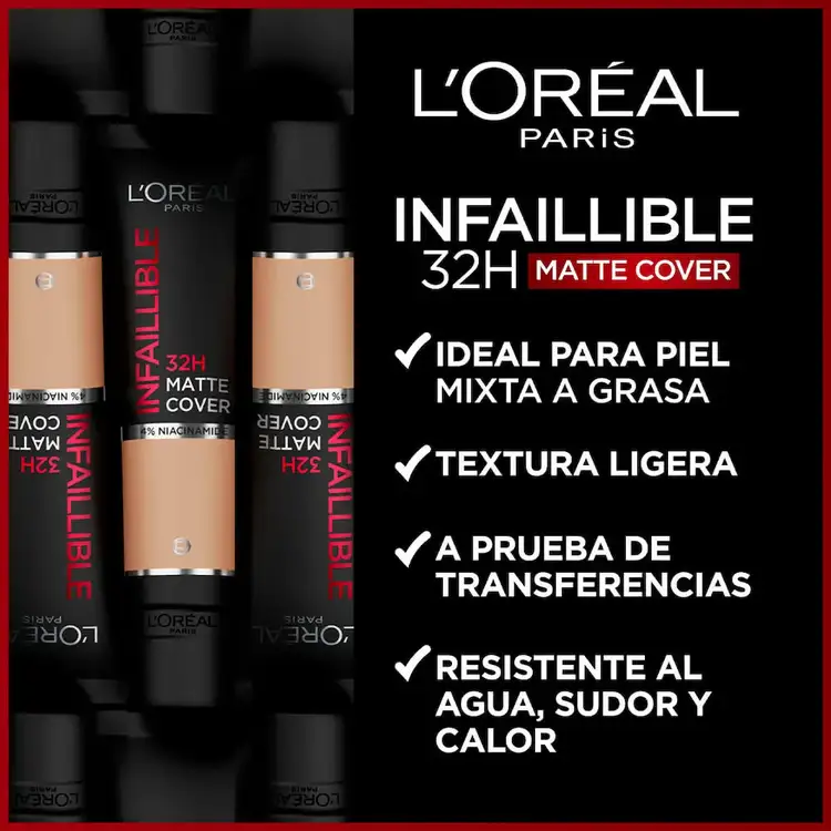 Infallible Matte Cover 32H - Base de maquillaje líquida, acabado mate y larga duración